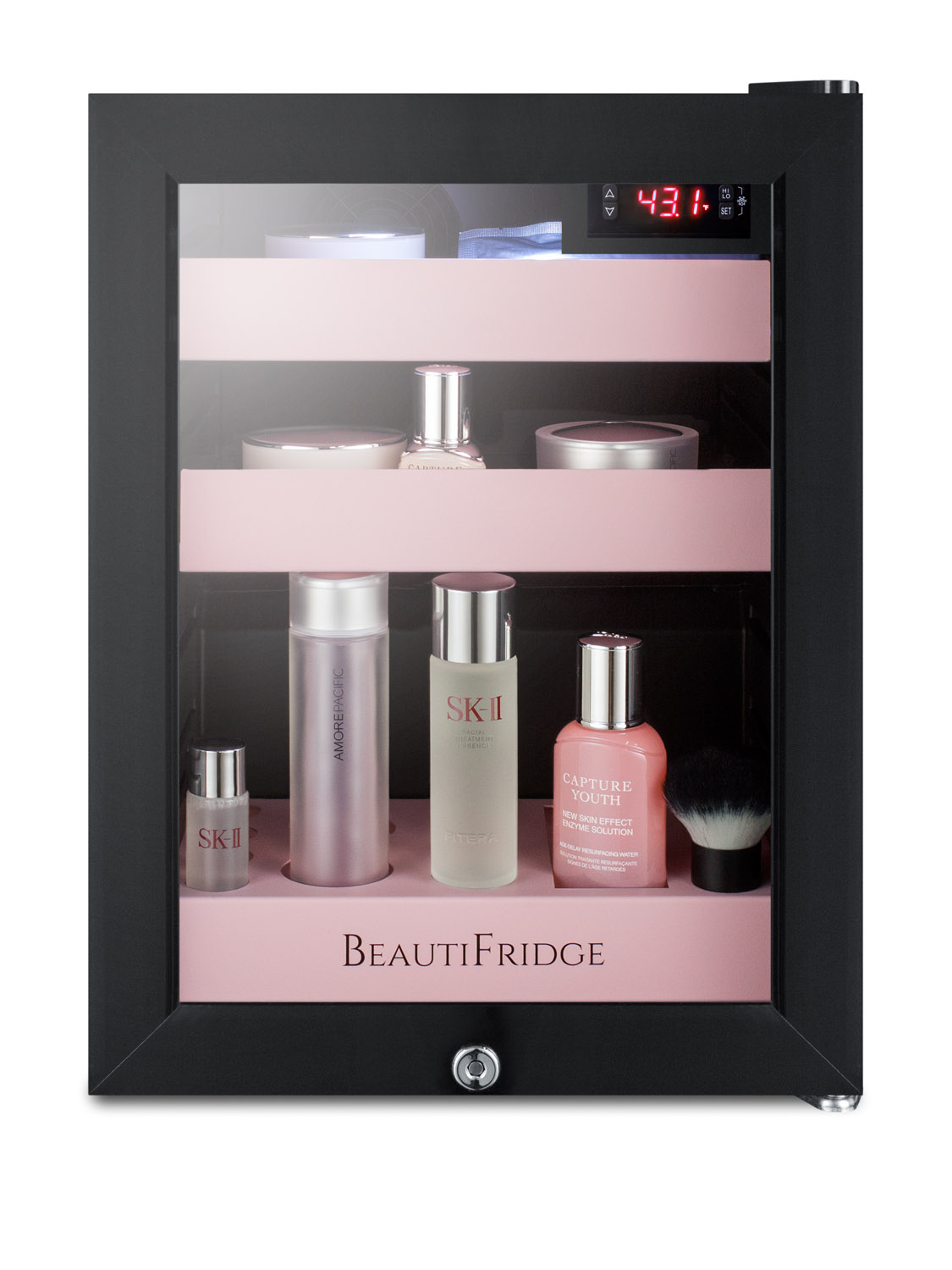 BeautiFridge compact cosmetics cooler with glass door, black cabinet, lock, matte blush pink shelves, and digital controls set for the storage of beauty products